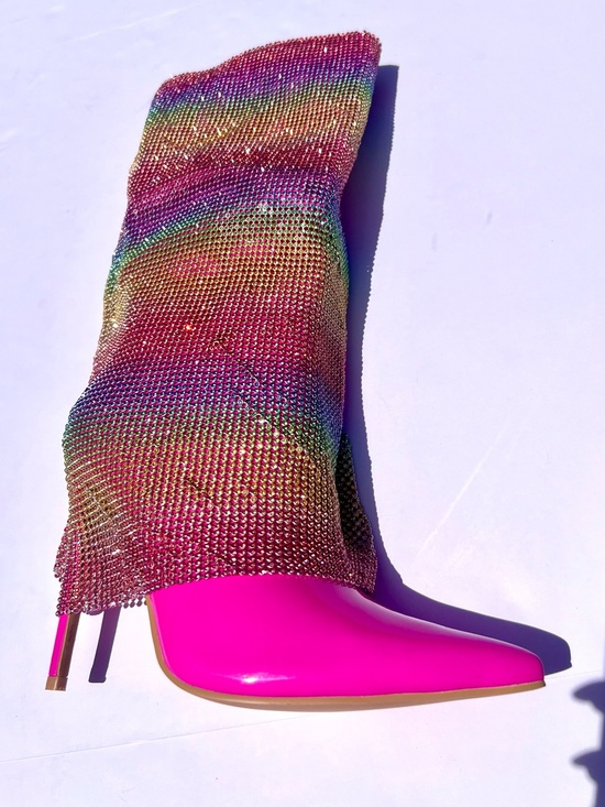 Cape Robbin Shoes - Rainbow Rhinestone 5” Stiletto Boots. Hot Pink - Colorful Gem Chain Curtain EDC